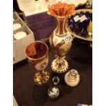 Bohemian glass vase with applied painted panels a similar style goblet a Millefiori inkwell