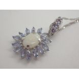 9ct white gold opal and tanzanite pendant on 9ct white gold necklace