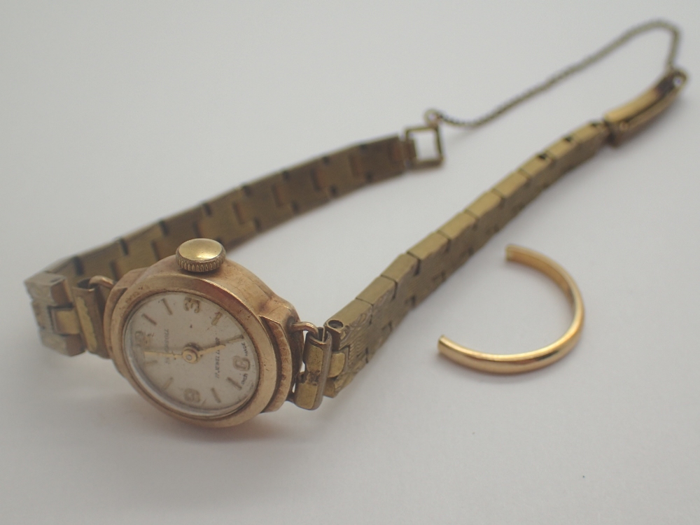 9ct yellow gold ladies Ingesol wristwatch on plated strap and an 18ct yellow gold ring shank 2.