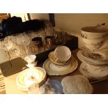 Shelf of mixed ceramics and drinking glasses including Wedgwood crystal etc