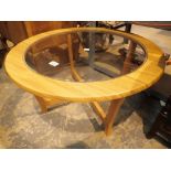Modern circular coffee table with inset glass top and teak body D: 76 cm
