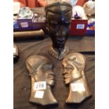 Ebony hardwood African mans head and two flat backed head profiles