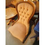 Low high back bedroom chair with pink velour upholstery