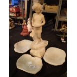 Four pieces of carved alabaster one young girl statue three dishes