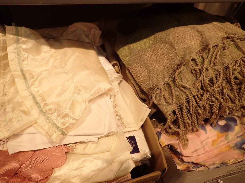 Two boxes of mixed linen including lace doilies curtains fabric etc