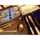 Quantity of boxed silver plated flatware including fish skewers