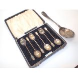 Set of six hallmarked silver cased teaspoons and an early Georgian dessert spoon A/F maker IW