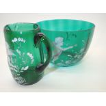 Two Mary Gregory green glass items