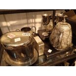 Silver plated items including teaset cigar box teaspoons and wine goblets