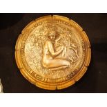 Signed copper nude on wooden plaque D: 25 cm