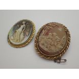Two yellow metal cameo brooches one mother of pearl