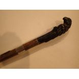 1930s Malacca walking cane with a figural bronze parrot grip and a hallmarked silver collar