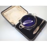 Cased hallmarked silver cased butter dish with blue glass liner and silver butter knife