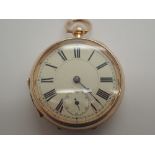 14ct gold plated open faced key wind pocket watch with Roman numerals movement by P Grundy of St