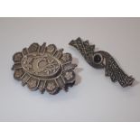 Silver mourning brooch and a silver marcasite bar brooch