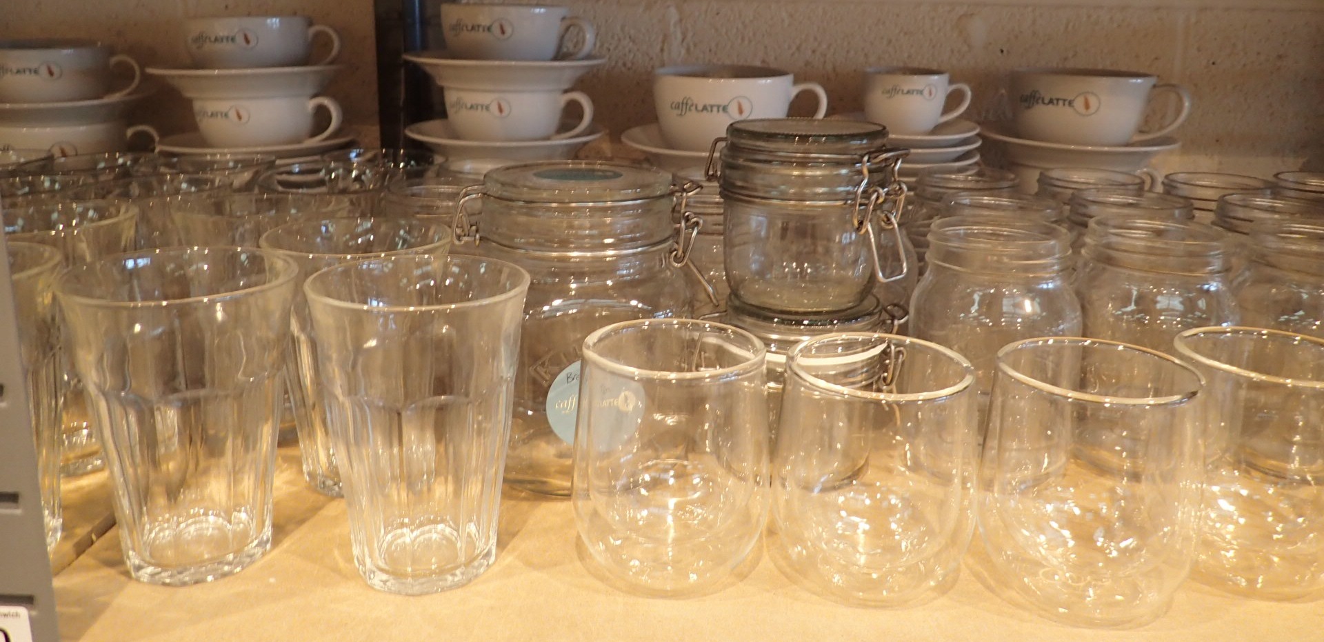 Two shelves of caffelatte cup saucers plates glasses and kilner jars - Image 4 of 5