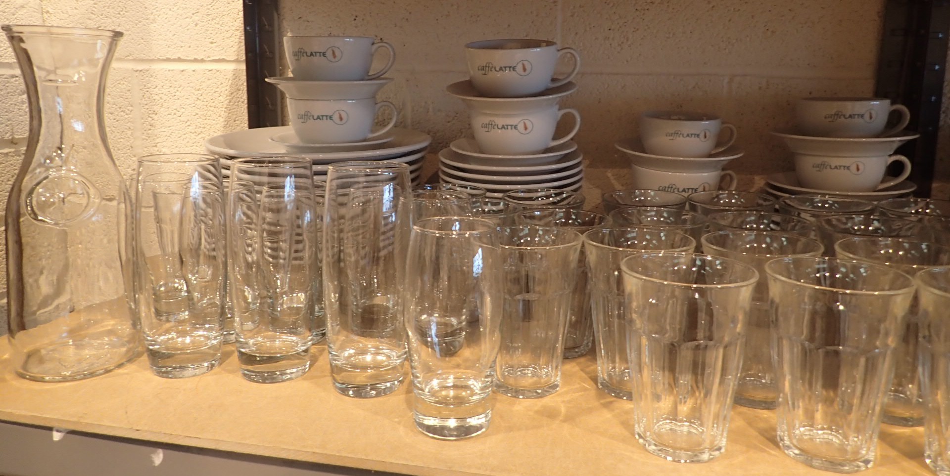 Two shelves of caffelatte cup saucers plates glasses and kilner jars - Image 3 of 5