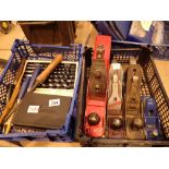 Woodworking tools including four planes chisels and boxed drill bits