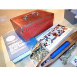 Tray of collectables cash box brassware watches coins coin catalogue