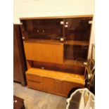 Retro light wood living room display sideboard with glass shelves and doors and lower clipboard 127