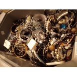 Box of unsorted costume jewellery rings and brooches