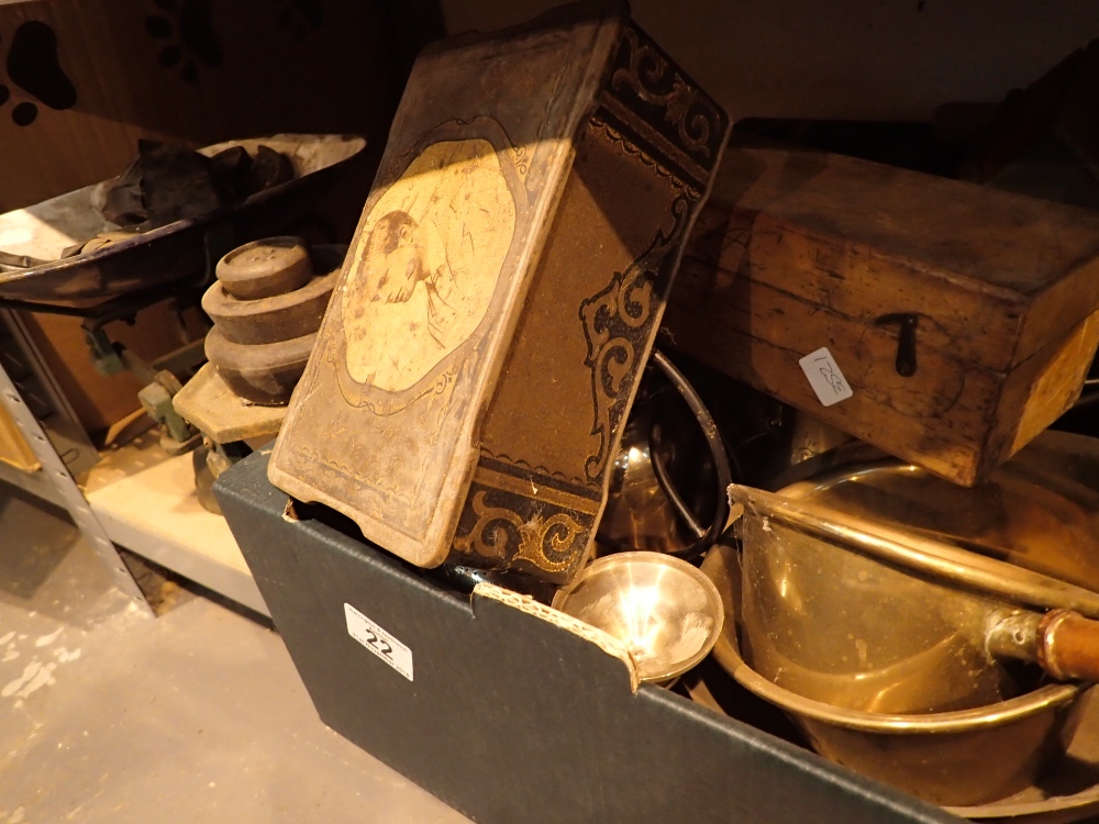 Shelf of mixed metalware to include balance scale with mixed weights