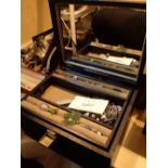 Hand finished jewellery box by Tallent of Bond Street and jewellery items some silver and jade