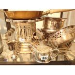 Silver plated table service fambe cooking stove with copper pan and other silver plated items