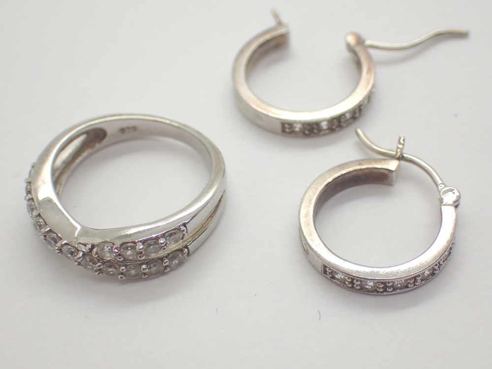 Silver cubic zirconia crossover ring size L and silver cubic zirconia hoop earrings