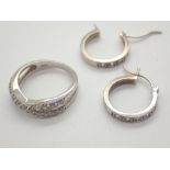 Silver cubic zirconia crossover ring size L and silver cubic zirconia hoop earrings