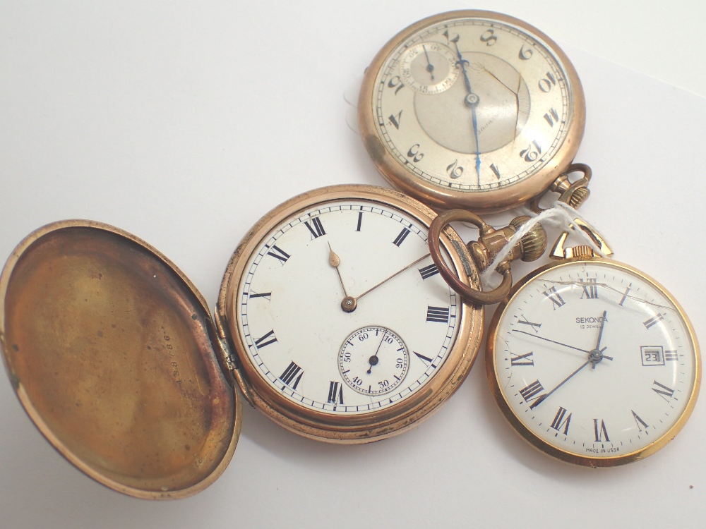 Three yellow metal pocket watches including full hunter example all A/F