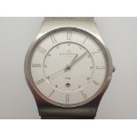 Skagen Denmark white faced gents slimline wristwatch on stainless steel mesh strap