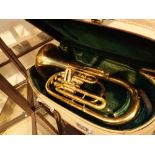 Cased brass horn by Lark with Busson mouthpiece