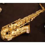 Brass and mother of pearl Sonata saxophone ( lacking mouthpiece )