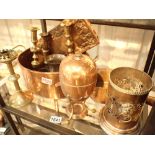 Collection of mixed copper and silver plated items including antique egg warmer bottle stand and