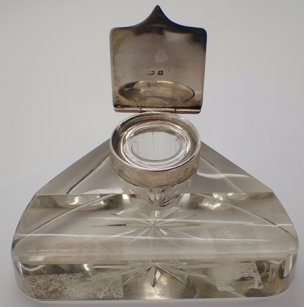 Hallmarked silver topped glass inkwell and pen stand