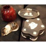 Royal Doulton flambe pot Sleeping Kitten and two black jasperware Wedgwood items