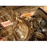 Collection of loose silver plated cutlery bottle stand and serving dish