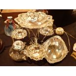 Silver plated EPNS dessert table center piece with three hanging baskets EPNS teapot and an EPNS