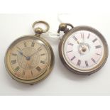 Two yellow metal open face key wind locket fob watches one with painted dial