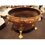 Antique hand hammered copper coal bucket with brass paw feet and lion masks 45 x 34 cm