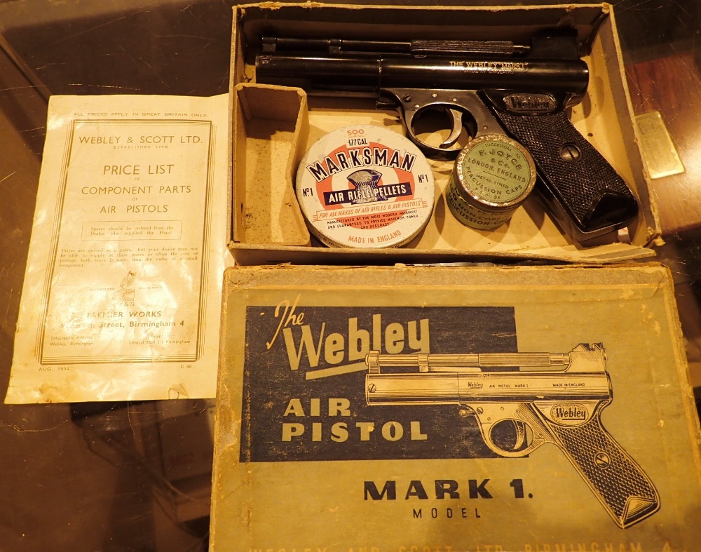 Boxed Webley mark one 177 calibre air pistol with original price list