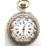 Ornate white metal fob watch with painted dial and subsidiary seconds hand