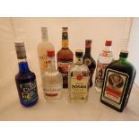 Eight bottles of mixed continental spirits and liqeuers including Kirsch Jagermeister Kirsberry