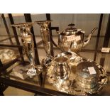 Collection of mixed silver plate including a pair of matched vases and a teapot