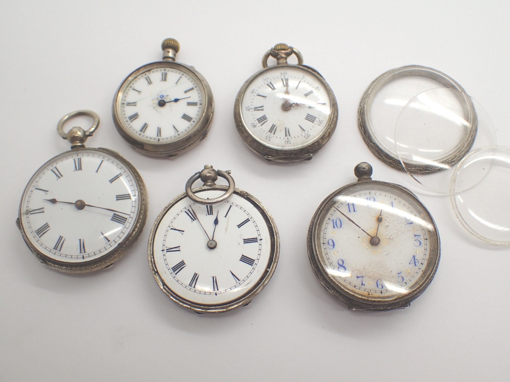 Five mixed silver ladies fob watches ( some missing crystals )