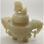 Carved jade lidded pot with elephant ring handles and Dog of Fo finial H: 18 cm
