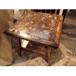 Oriental ivory inlaid rosewood square form table with carved and pierced cornice and stretchers the