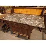 Tile backed oak washstand with marble top 107 x 52 cm