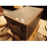 Large painted hessian covered luggage trunk with inner shelf and interior labeling John Handley and